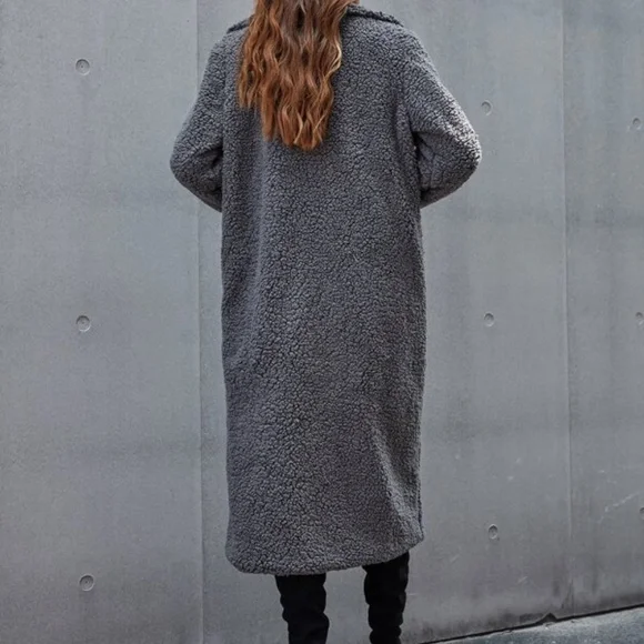 Cozy Charcoal Grey Teddy Button up Long Jacket Coat - Picture 5 of 6